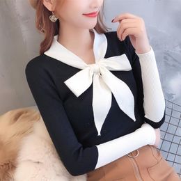 Women's Sweaters Bow Tie Neck Sweater Women Fashion 2021 Autumn Spring Black Tops Knitted Pullovers Long Sleeve Jumper Pull Femme Clothing