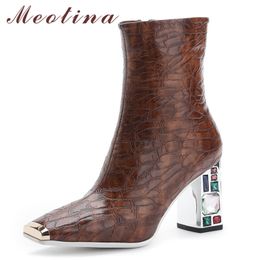 Women Short Boots Shoes Square Toe Crystal Block Heels Zip Ankle Metal Decoration Super High Heel Lady Brown 210517