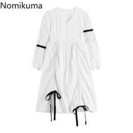 Nomikuma Causla Women Doll Dress Summer Puff Sleeve V-neck Dresses Bow Tie Drawstring Pleated A-line Vestido Femme 6G996 210427