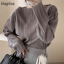 Neploe Korean Autumn Simple O-neck Pullover Shirts Solid Colour Chic Pleated Women Blouse All-match Long Sleeve Femme Blusas 210323