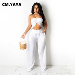 CM.YAYA Women Set Solid Sleeveless Halter Crop Tops Pockets Wide Leg Pants Two 2 Piece Sets Sexy Tracksuit Outfits Summer 2021 Y0625