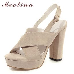 Meotina Women Shoes Platform Super High Heel Sandals Round Toe Block Heels Ladies Sandals Buckle Summer Black Large Size 10.5 210608