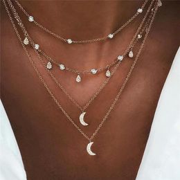 golden moon UK - Bohemian Multilayer Crystal Moon Pendant Necklace for Women Golden Water Droplets Pendants Necklaces Rhinestone Chokers Jewelry