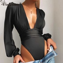 Asia Long Sleeve Bodysuit Sexy Deep V Ruched Elastic 2 Layer Solid Color Shirts Casual Fashion Romper Women Outfits 210527