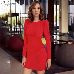 Free Women's Summer Elegant Long Sleeve O Neck Red Mini Bodycon Bandage Sexy Party Dress Vestidos 210525