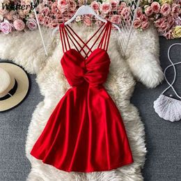 Women Dress Bandage Pleated A-line Mini Vestidos Summer Sexy Vintage Holiday Party Robes Solid Cute Dresses 210519