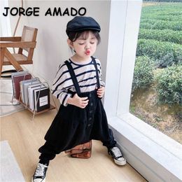 Wholesale Spring Baby Girl 2-pcs Sets Striped Long Sleeves T-shirt + Black Knitting Loose Overalls Kids Clothes E6042 210610