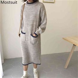 Autumn Winter Korean Knitted Long Sweater Dress Women Sleeve O-neck Pockets Straight Dresses Casual Fashion Vestidos 210513