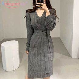 Aelegantmis Spring Casual Long Sleeve Knitted Dress Women Knee-Length Sweater Lady Elegant V-Neck Party Club 210607