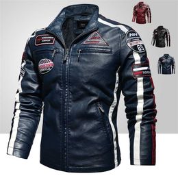 Mens Vintage Motorcycle Jacket Men Fashion Biker Leather Jacket Male Embroidery Bomber Coat Winter Fleece Pu Overcoat 211101