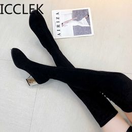 Size 35-43 Winter Over The Knee Boots Women Stretch Fabric Women Thigh High Sexy Woman Shoes Long Bota Feminina A039 Y1018
