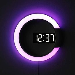 3D LED Digital Wall Clock Alarm Mirror Hollow Watch Table Clock 7 Colours Temperature Nightlight For Home Living Room Decorations 210724