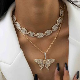 Goth Rhinestone Chain Big Butterfly Pedant Necklace Set Cuban Ice Out Chains Neck Collar Punk Choker Necklace for Women Jewellery X0509