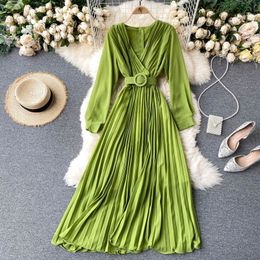 Women's Spring Summer Fold Vintage Sashes Neck Belt Solid Colour Dress V High Waist Long Sleeve Casual Ladies 210520