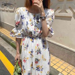 Autumn Vintage Round Collar Elastic Waist A-line Long Flower Dress Women Crimp Pleat Flare Sleeve with Pockets Robe 14541 210521