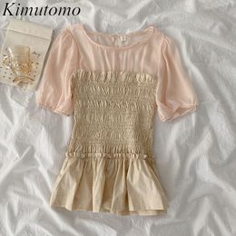 Kimutomo Elegant Patchwork Blouse Women Summer Clothing Girls O-neck Short Sleeve Slim All-matching Tops Casual Chic 210521