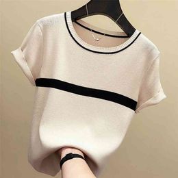 shintimes Thin Knitted T Shirt Women Clothes Summer Woman Short Sleeve Tees Tops Striped Casual T-Shirt Female Tshirt Femme 210324