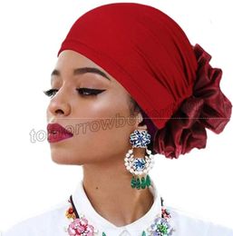 Flower Soft Muslim Hijab Cap Headwear Red Stretch African Head Wraps Polyester Fabric Head Scarf for Women and Girls Turban