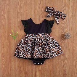 Pudcoco Newborn Baby Girl Clothes Splicing Leopard Print O-Neck Backless Lace Ruffle Romper Jumpsuit Headband 2Pcs Outfits Set G1221