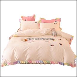 Bedding Sets Supplies Home Textiles & Garden Cotton Princess Style 3D Rainbow Embroidery Decor Bed Skirt Duvet Er Pillowcases Four Pieces Se