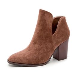 Women's Ankle Boots V Shaped Pointed Toe Women Booties 2021 New Ladies Flock Solid Color Thick Heels Footwear Autumn Plus Size Y0914