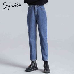 syiwidii blue jeans women elastic waist denim pants black beige Vintage Washed high mom fashion 211129