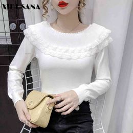 Retro Pleated O-Neck Lace Patchwork Sweater Autumn Long Sleeve Women Knitted T-Shirts Female Elegant Outwear Tops Mujer 210423