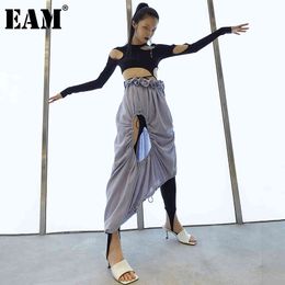 [EAM] High Elastic Waist Blue Irregular Hollow Out Long Half-body Skirt Women Fashion Spring Summer 1DD8639 21512