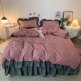 Princess Style Bedding Set Solid Colour Ruffles Duvet Cover Sets Home Cosy Quilt Covers Flat Bed Sheet With Pillowcase Bedroom 210319