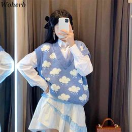 Kawaii Knitted V-neck Sweater Vest Women Cloud Print Blue Knitwear Waistcoat Spring Cute Girls Gilet All Match 210519