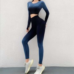 SeamlYoga Set Workout Clothes For Women Sexy Gradient Long Sleeve Top High Waist Leggings Running Sport Gym Suit Sportwear X0629