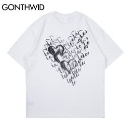 GONTHWID Tshirts Harajuku Graffiti Hearts Print Casual Cotton Tees Shirts Hip Hop Loose Streetwear Men Hipster Short Sleeve Tops C0315