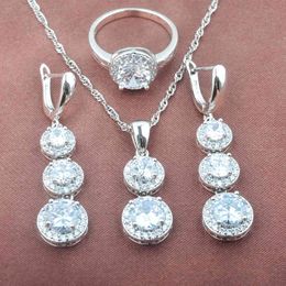 2021 Stylish White Cubic Zirconia Silver Plated Set Jewelry Wedding Accessories Earring Pendant Ring TZ0491