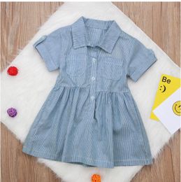 Blue Striped Girl Shirt Dress Summer Short Sleeved Lapel Dress Baby Light Blue Skirt Baby Wear