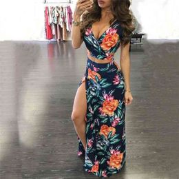 Print Floral Dress Two-Piece Set Lady Sexy V Neck Hollow Out Crop Top And Split Long Skirts 2 Piece Sets Women Clothing 210730