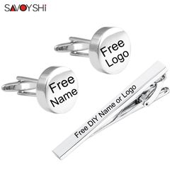SAVOYSHI engraving name Cufflinks tie clip set for Mens Special gift High quality Silver Colour Cuff links Tie bone pin bars
