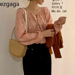 Ezgaga Elegant Sweet Floral Printed Women Shirts Spring Fashion Long Sleeve Button Loose Girl Korean Ladies Blouse Casual 210430