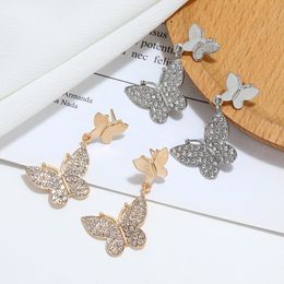 Cute Animal Gold Dangle Earrings For Women Double Crystal Butterfly Wedding Party Jewelry Female Modern Accossories