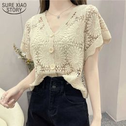 Women's Blouse Korean Style Clothes V-neck Lace Hollow Cardigan Short-sleeved Batwing Sleeve Women's Top Female 14459 210527