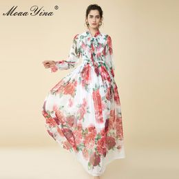 Spring Summer Maxi Dress Bow Collar rose Floral Prin Butterfly Sleeve Long Casual Holiday Bohemian Loose 210524