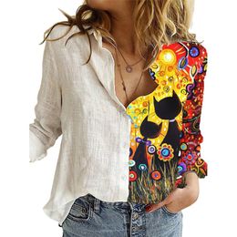 Fashion Women Buttons Long Sleeve Sunflower Cats Patchwork Blouses Office Shirt Women Clothing ropa de mujer 2020 X0521