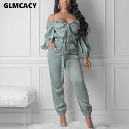 Women Streetwear Sexy Off Shoulder Bow Jumpsuits Autumn Casual Solid Loose Ankle-length Pants Plus Size Pants 210702