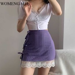 Summer Sexy Womens Simple Europe Patchwork Lace Mesh Girl Female Mini Bandage Skirt Purple LV3K 210603