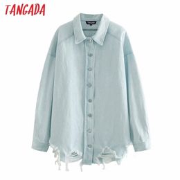 Tangada Women boyfriend denim jacket coats hole ripped autumn winter new female oversized long coat 4M212 210317