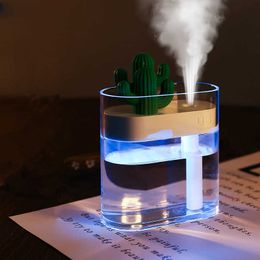 160ML Ultrasonic Air Humidifier Clear Cactus Colour Light USB Essential Oil Diffuser Car Purifier Aroma Diffusor Anion Mist Maker 210724