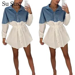 Ethnic Clothing Casual Jeans Blouse Dress African Clothes Plus Size Shirt Denim Patchwork Turn-down Collar Long Sleeve Vestidos