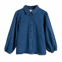 Women Blue Denim Solid Shirt Turn Down Collar Puff Sleeve Long Chic Elegant B0730 210514