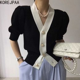 Korejpaa Women Sweater Summer Korean Chic Girl Elegant Temperament V-Neck Single-Breasted Casual Puff Sleeve Knit Cardigans 210526