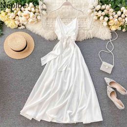 Korean Chic High Waist Hip Sleeveless Camis Dress Sexy Open Back Lace Up Bow Design Solid Vestido Holiday Beach Ropa49134 210422