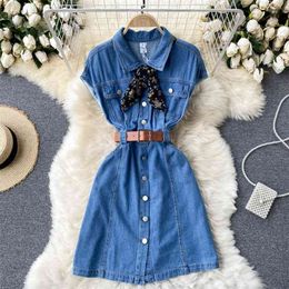 Women Fashion Chic Retro Denim Mini A-line Dress Spring and Summer Single Breasted Jeans Clothes Korean Vestidos S827 210527